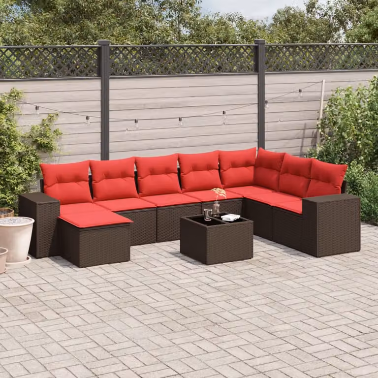 Set di divani da giardino vidaXL 9 pz in polyrattan marrone con cuscini e tavolino da esterno a forma di L