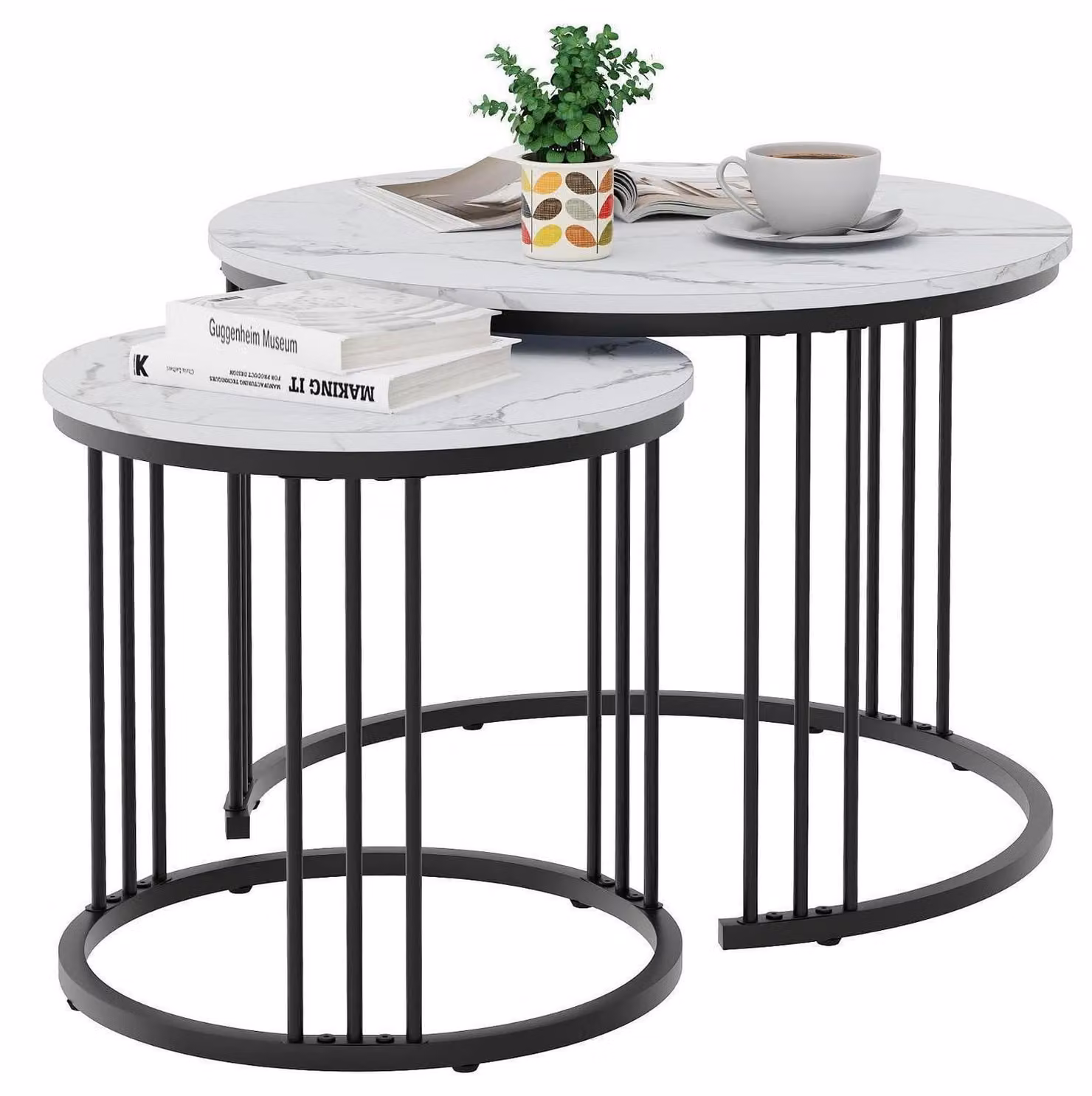 Set di tavolini da divano, forma rotonda, 2 pezzi, colore bianco, effetto marmo, struttura in metallo nero