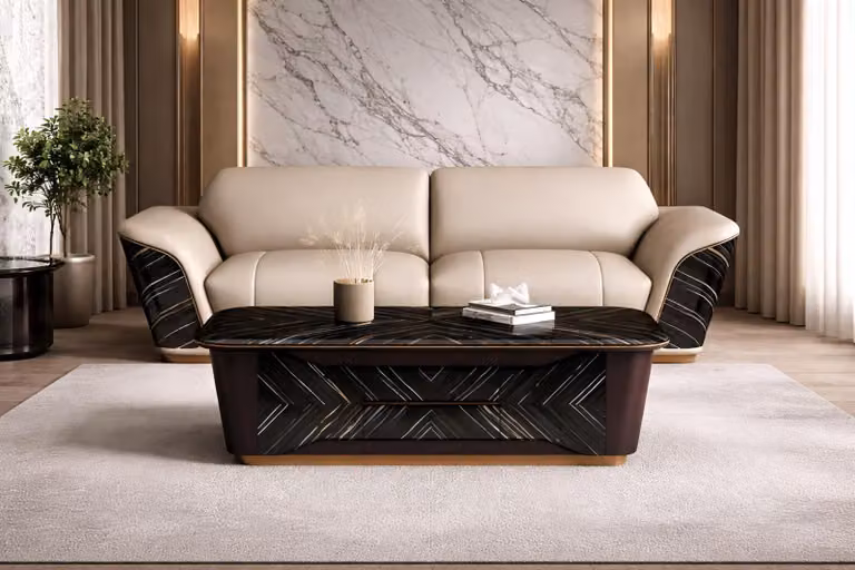 Lussuoso divano in pelle beige, divano imbottito di design a 3 posti, tavolino da salotto