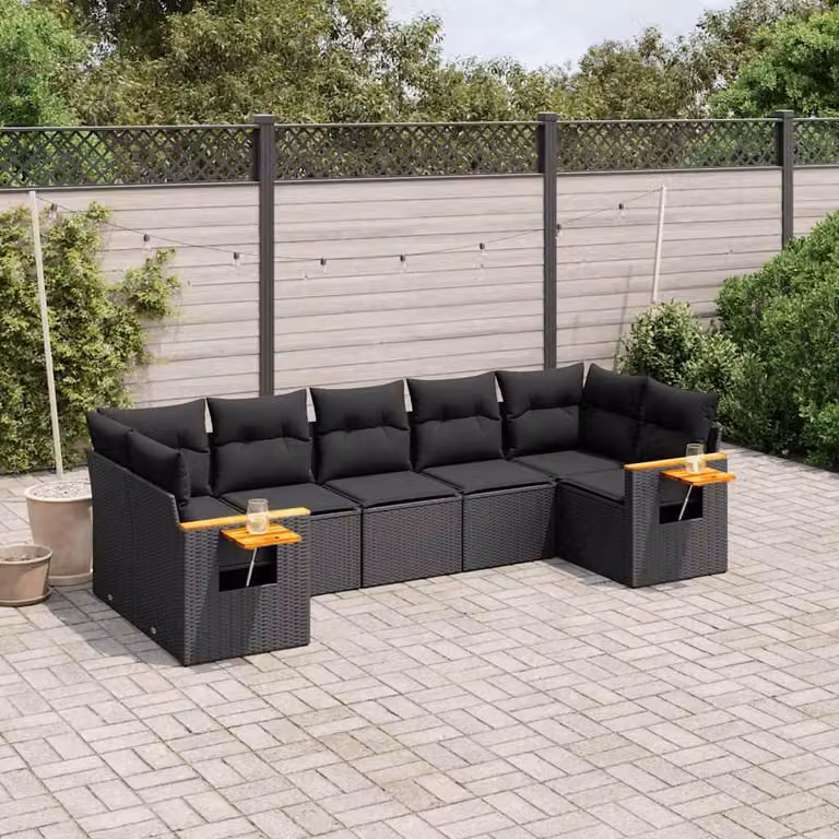 vidaXL Set Divani da Giardino a L con Cuscini 7pz in Polyrattan Nero e Legno di Acacia