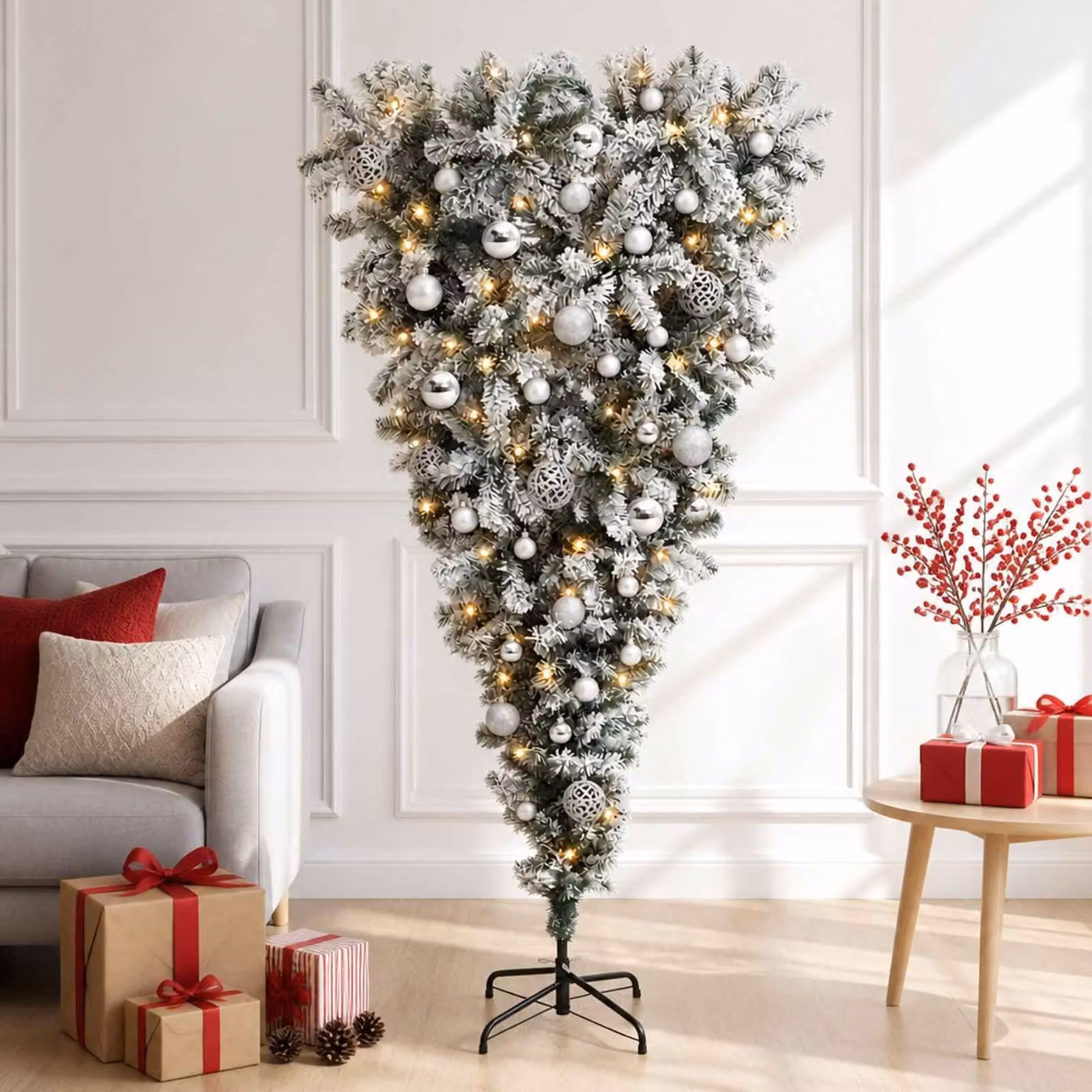 Albero di Natale artificiale rovesciato con cerniere, altezza 150 cm