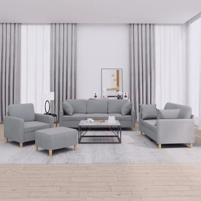 Set di Divani Moderno vidaXL in Tessuto Grigio con Ottoman e Cuscini, Composto da Divano a 3 Posti, Divano a 2 Posti e Pouf
