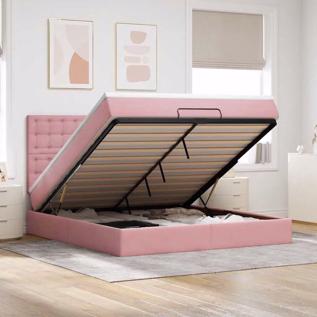 Letto con contenitore e pouf vidaXL in velluto rosa e bianco, con base a sollevamento, illuminazione sottostante e porte USB, L: 180 cm, P: 200 cm, H: 128 cm
