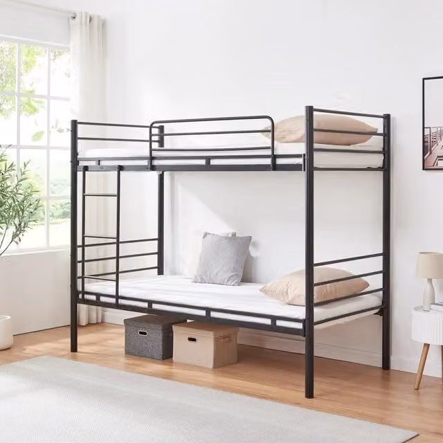 Letto a castello en.casa per bambini con scala e barriera anticaduta, modello a casetta in metallo, Nero, L/P/H: 200 x 90 x 171 cm