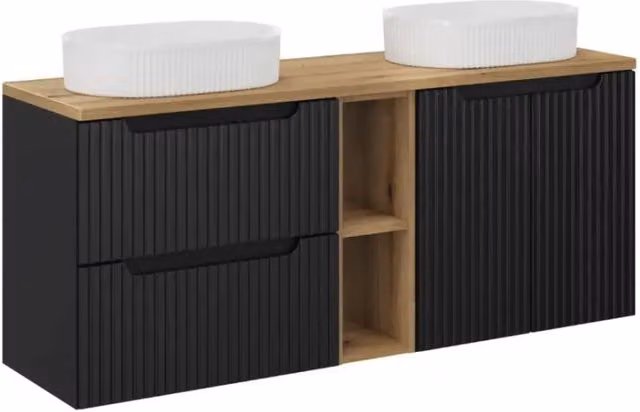 Insieme VANO 140cm: mobili sotto lavabo con nicchie visibili a cassetti e armadietti + due lavabi da appoggio scanalati