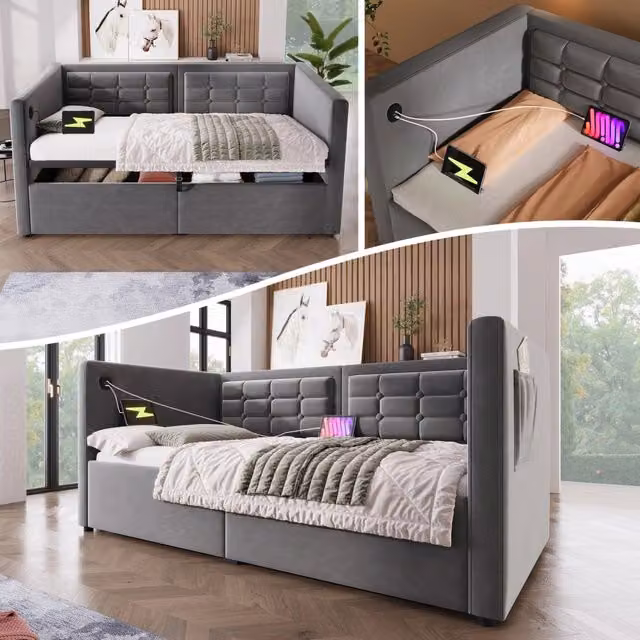 Divano Letto Comodo 90x200 cm in Velluto Grigio con Contenitore Idraulico e Porte USB/Type-C