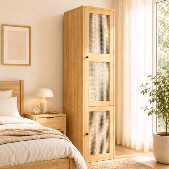 Armadio 1 anta 45 x 47 x 200 cm; 1 asta appendiabiti; 3 cassetti; anta a battente; design con intreccio in rattan
