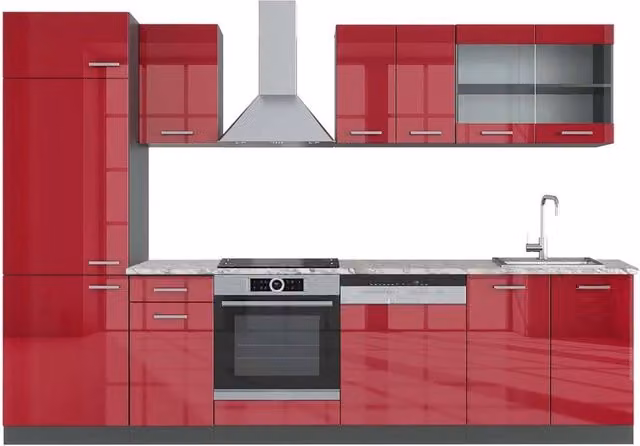 Cucina componibile moderna Vicco R-Line Rosso lucido e Antracite, L: 300 cm – 1