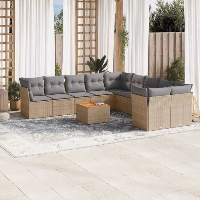 Set Divano da Giardino a L vidaXL in Polyrattan con Cuscini Beige e Grigio 11 pz