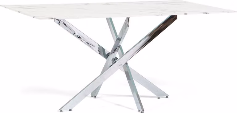 Tavolo rettangolare con piano in vetro temperato effetto marmo e struttura in metallo incrociato - design moderno, elegante e robusto per cucina, sala da pranzo, soggiorno e ufficio - MORGAN - marmo bianco/argento