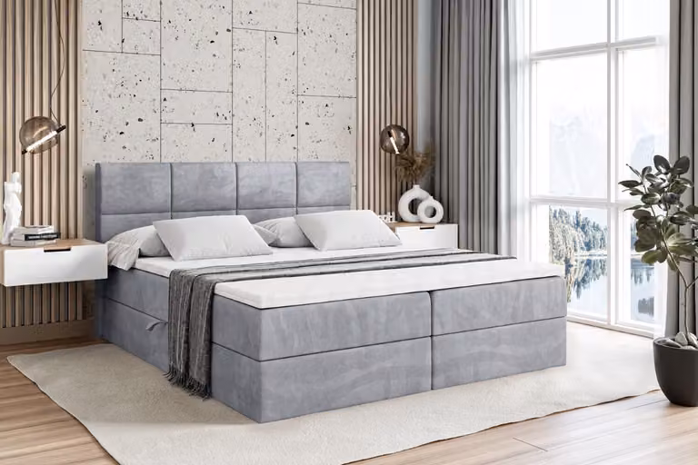 Letto con boxspring ALTDECOR, materasso H3 e topper - 140 x 200 cm - ARDENI - Grigio chiaro in velluto - Letto imbottito con contenitore e rete a doghe, letto con spazio contenitivo