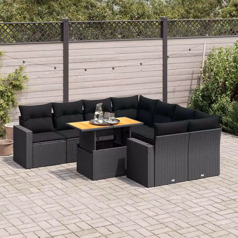 Set di divani da giardino vidaXL in polyrattan nero con cuscini e tavolino da esterno a forma di L