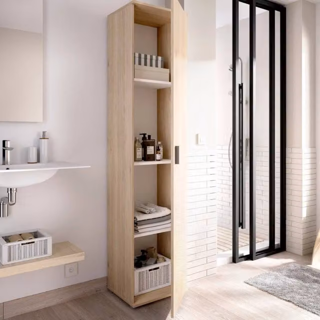 Colonna bagno Arrow DMORA, Mobile pensile moderno a 1 anta con ripiani interni, L/P/H: 39 x 35 x 190 cm, Rovere