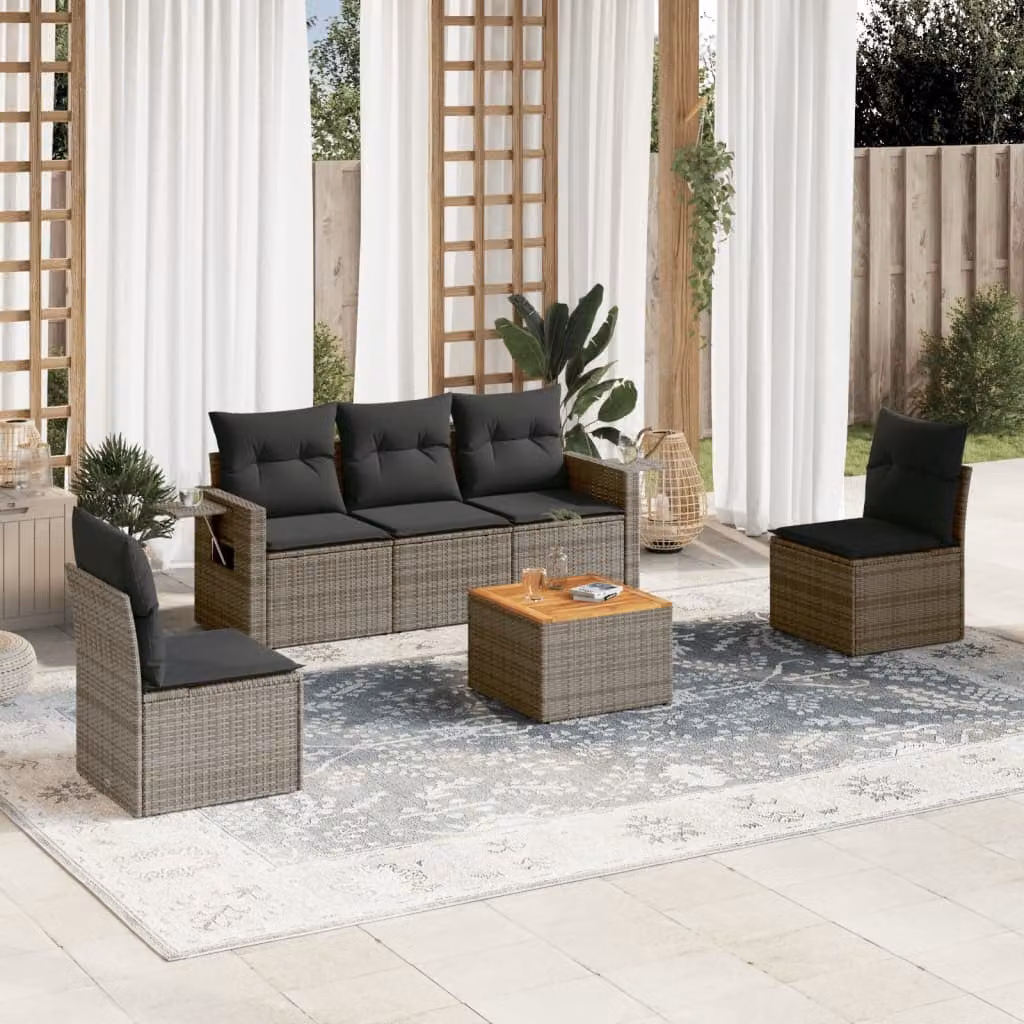vidaXL Set Divano da Giardino 6 pz in Polyrattan Grigio con Cuscini Imbottiti e Tavolino – 1