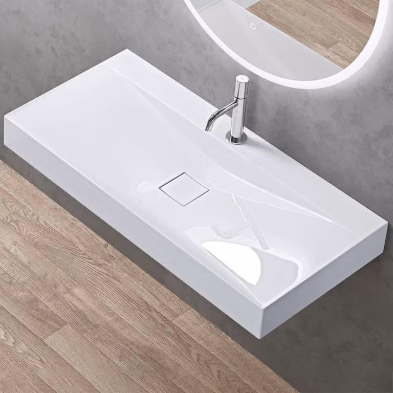 doporro Lavabo da Appoggio o Sospeso Rettangolare 100 cm in Marmoresina Bianco Lucido, Lavandino Bagno con Foro per Rubinetto, Montaggio a Parete - Colossum810