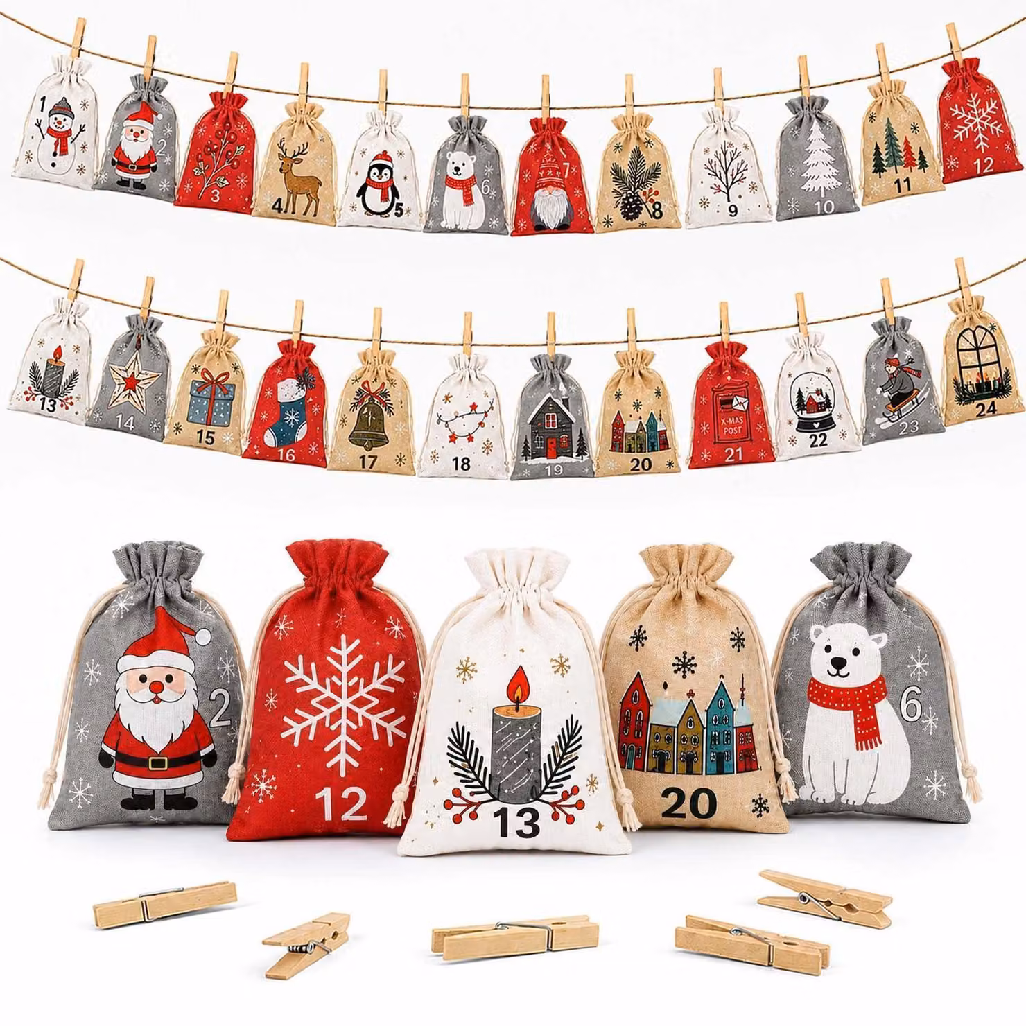 Calendario dell'Avvento: 24 sacchetti da riempire, dimensioni 13x18 cm, con corda e graffette, design scandinavo