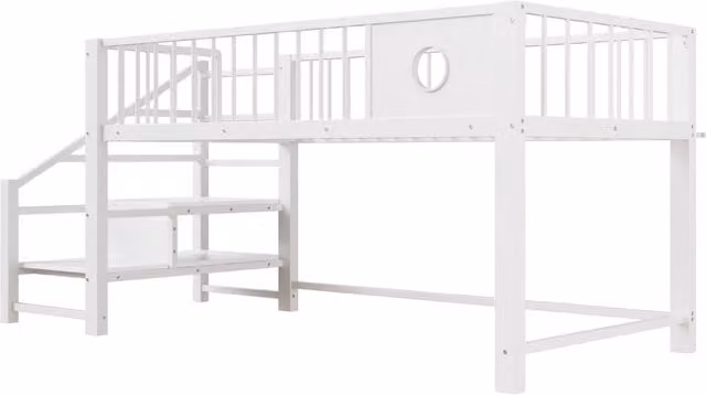 Letto a soppalco basso per bambini 90x200 cm con struttura in metallo e scala con spazio contenitivo, bianco