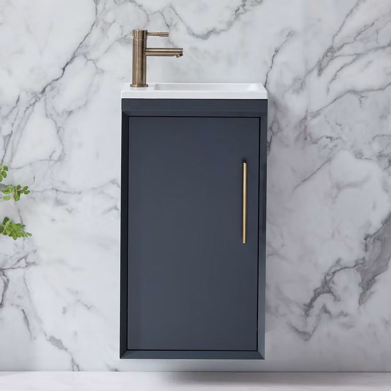 Mobile Bagno Sospeso Antracite 400mm con Lavabo e Maniglia con Barra a T Ottone Spazzolato - Edge