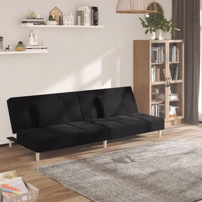 vidaXL Divano Letto Click-Clack a 2 Posti in Tessuto Nero con 2 Cuscini e Struttura in Legno Massello