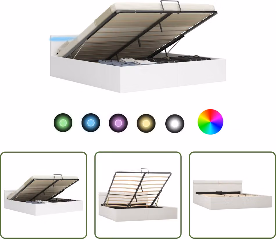 The Living Store Letto con rete Hydraulic LED Bianco in ecopelle 160x200 cm