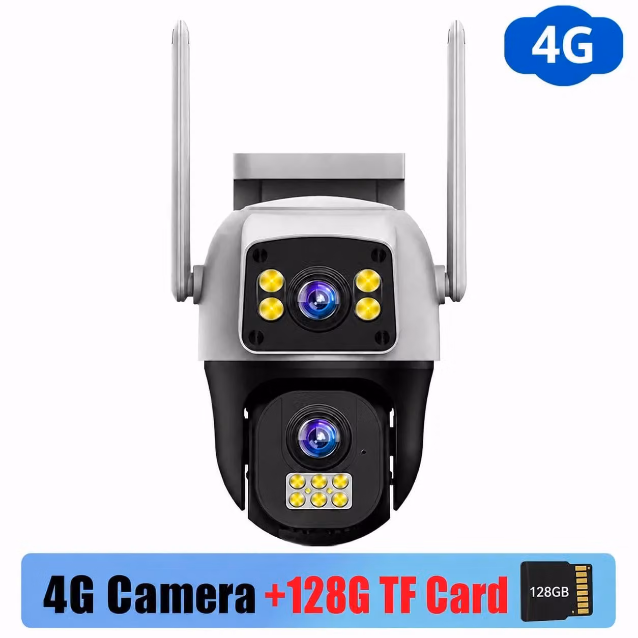 Telecamera di sorveglianza PTZ con doppia lente, risoluzione 8 MP, supporto SIM 4G, 128 GB di memoria, zoom digitale 10x, visione notturna a colori, grado di protezione IP66 (resistente agli agenti atmosferici), audio bidirezionale