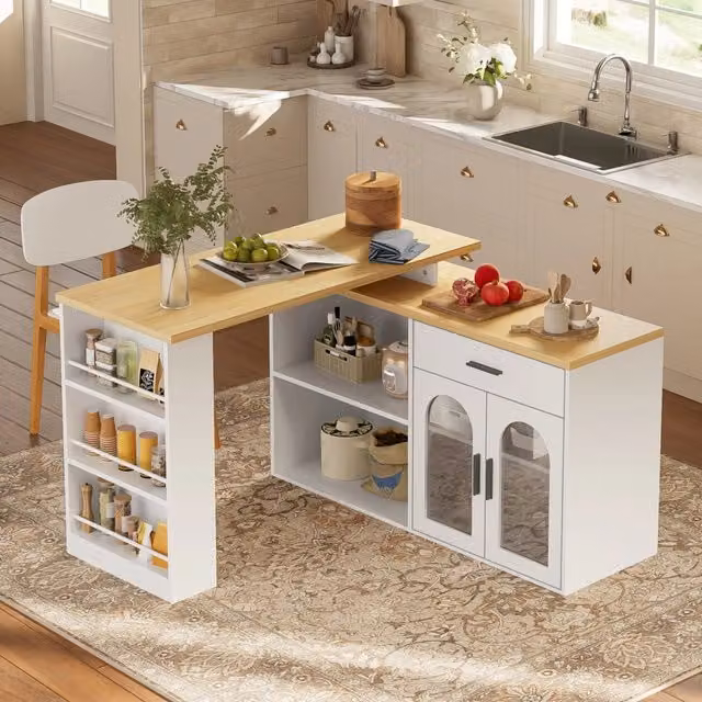 Isola cucina bianca con piano girevole in MDF effetto rovere, 136 x 50 x 78 cm, cassetto e ripiani