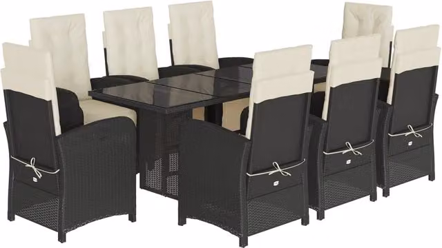 Set da Pranzo da Giardino vidaXL in Polyrattan Nero con Cuscini e Tavolo in Vetro, 9 Pezzi – 2