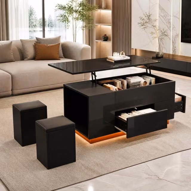 Tavolino da salotto ULEVR 100x50 cm regolabile fino a 59 cm, LED, 2 cassetti e 2 sgabelli, nero