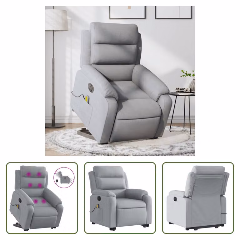 The Living Store Poltrona massaggiante elettrica con ausilio per la posizione eretta Tessuto grigio chiaro