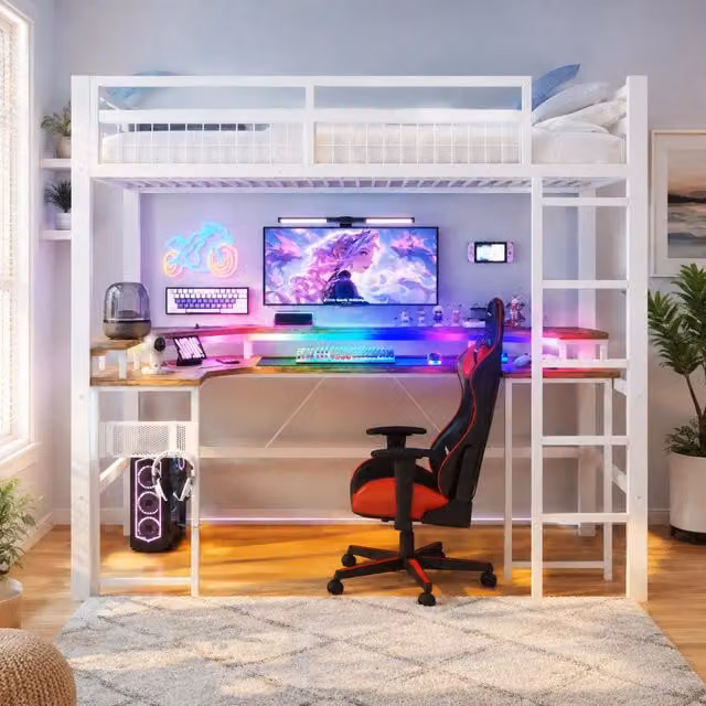 Letto a soppalco singolo con scrivania e illuminazione LED multicolore, porte USB e Type-C, struttura in metallo bianco, L/P/H: 90 x 200 cm – 1