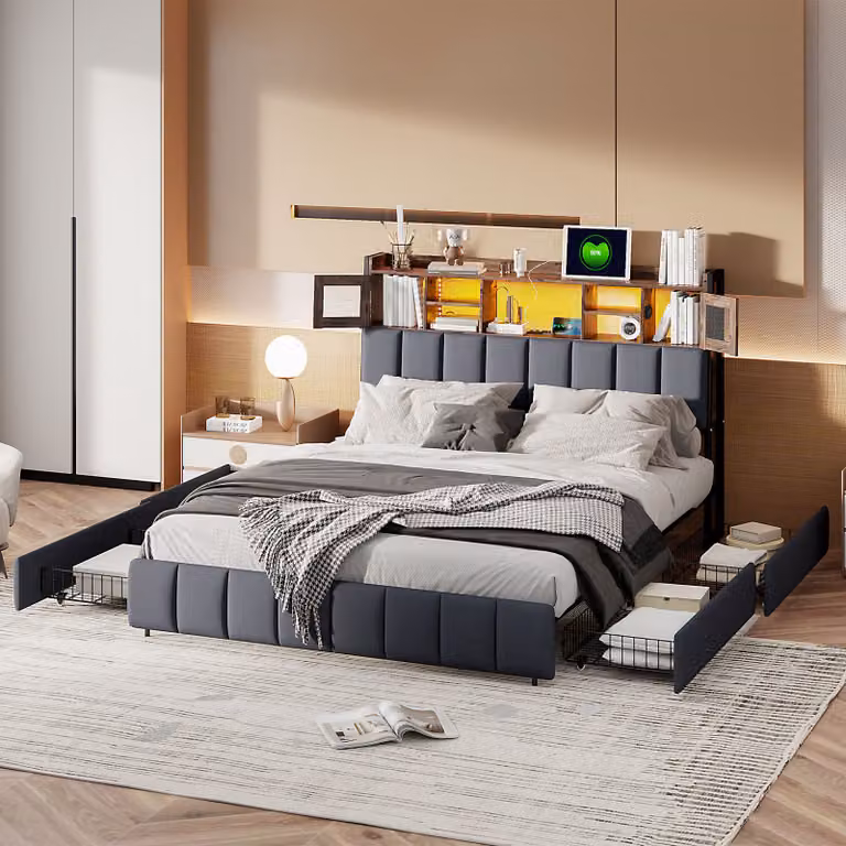 Letto imbottito 140x200cm con USB e prese di corrente, letto matrimoniale con 4 cassetti, letto contenitore con LED, biancheria, nero