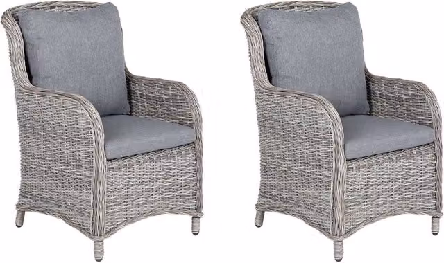 Set di 2 sedie da giardino BELIANI in rattan sintetico grigio con cuscini, L: 60 cm, P: 73 cm, H: 96 cm