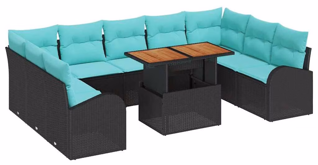 Set da giardino composto da 10 pezzi, colore nero, realizzato in rattan sintetico