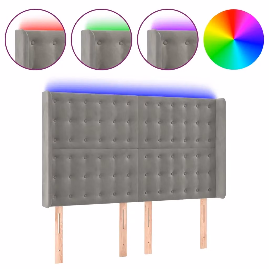 Testiera con LED Design Mania in Velluto Grigio Chiaro con Porte USB L/P/H: 147 x 16 x 118/128 cm – 2