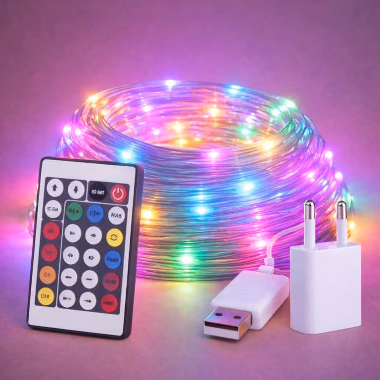Catena luminosa a LED, 15 metri, RGB, grado di protezione IP65, alimentazione USB, per uso esterno