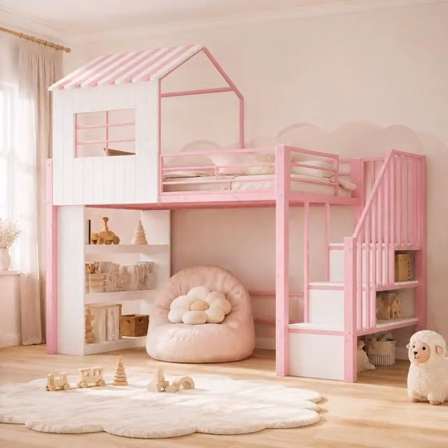 Letto a soppalco 90x200 cm rosa con scala contenitore e scaffale, struttura in metallo e MDF