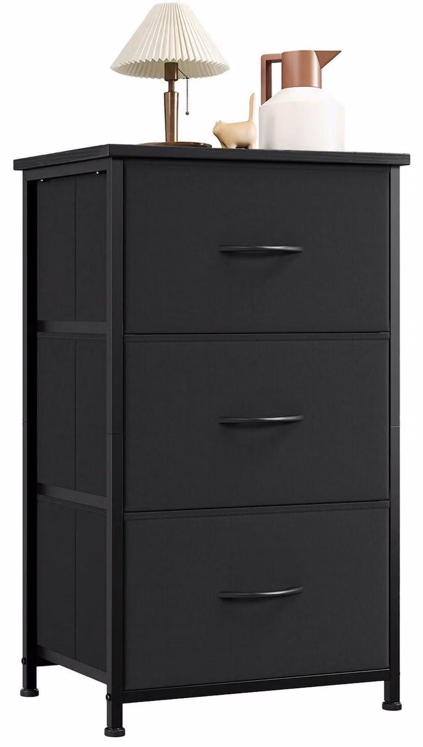 Comodino con 3 cassetti in tessuto, colore nero, dimensioni 30x42x71,5 cm