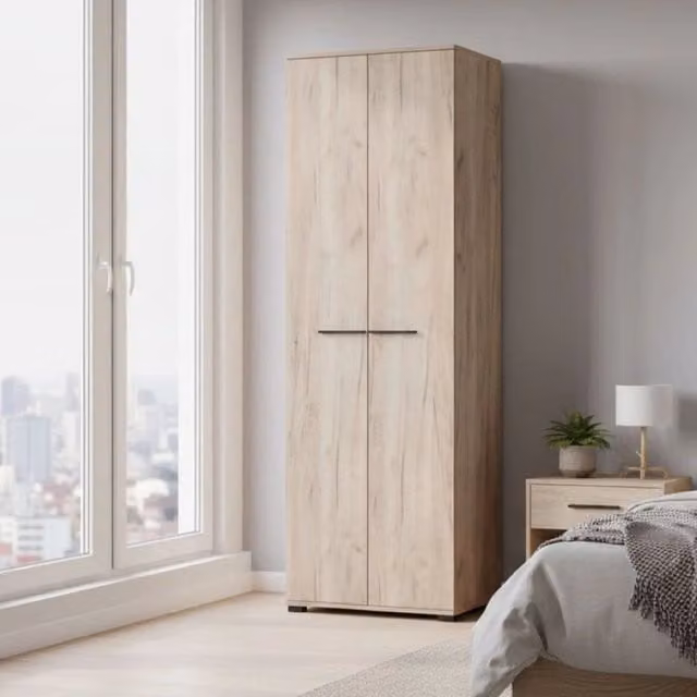 Armadio da camera da letto DMORA con 2 ante, ripiani e appendiabiti, Marrone Rovere, L: 68 cm, P: 40 cm, H: 195 cm – 1