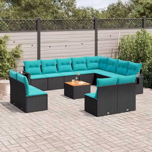 Set di Divani da Giardino vidaXL a Forma di U in Polyrattan Nero con Cuscini e Tavolino da Esterno 13 Pezzi