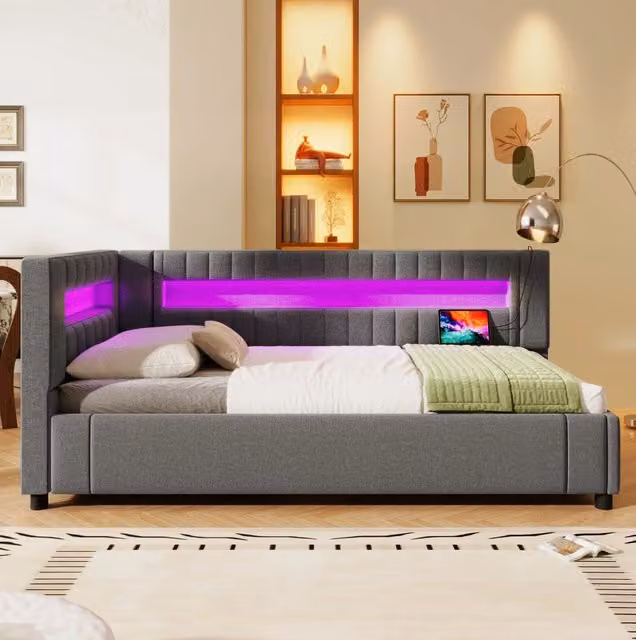 Letto daybed 90x200 cm con contenitore idraulico e LED in lino grigio