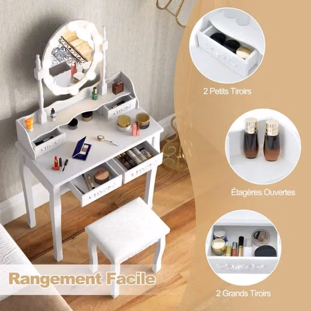 Toeletta con specchio LED e sgabello imbottito, tavolo da trucco bianco con 4 cassetti, gambe in legno massello per casa