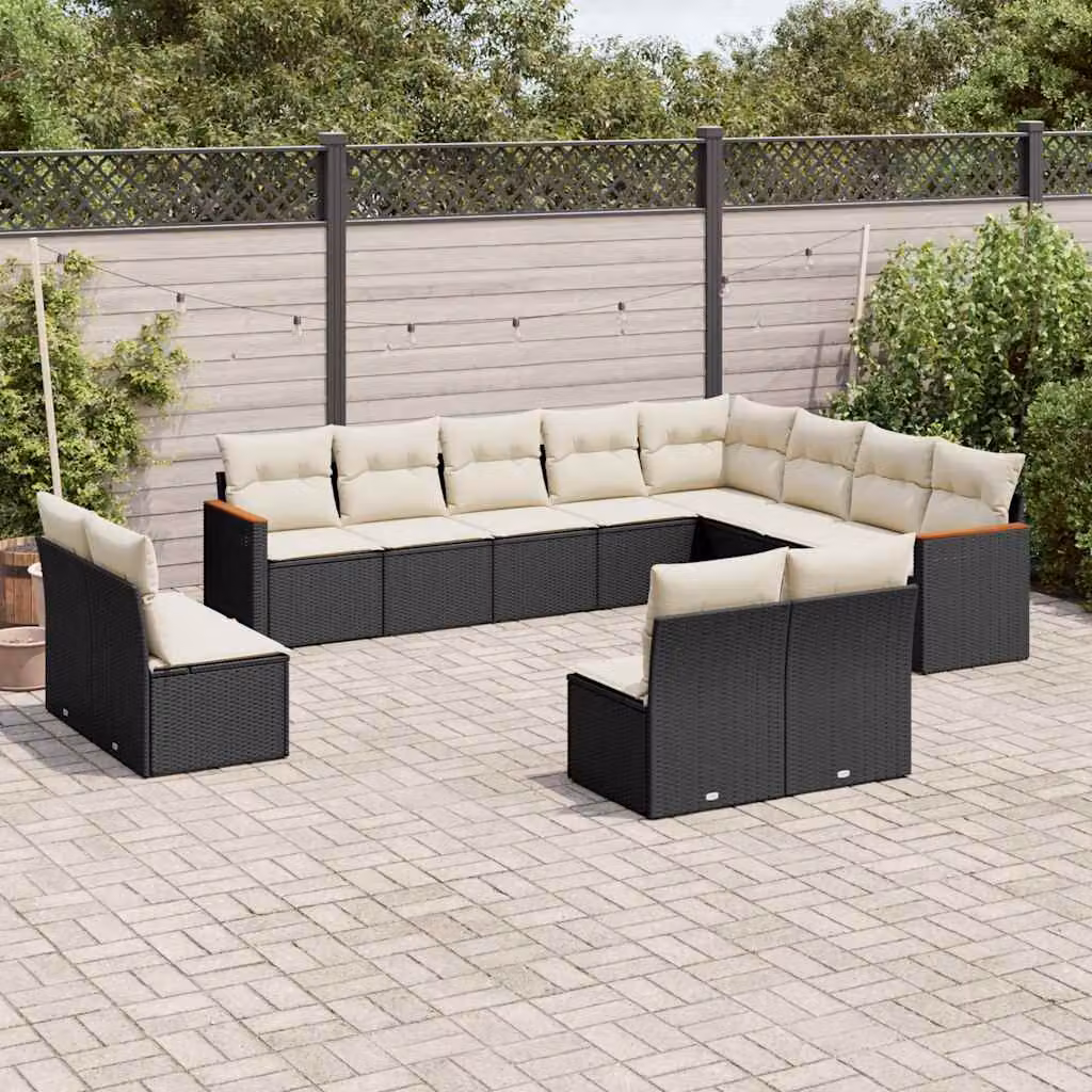 Set di divani da giardino vidaXL 12 pezzi in polyrattan nero con cuscini e struttura in legno di acacia – 1