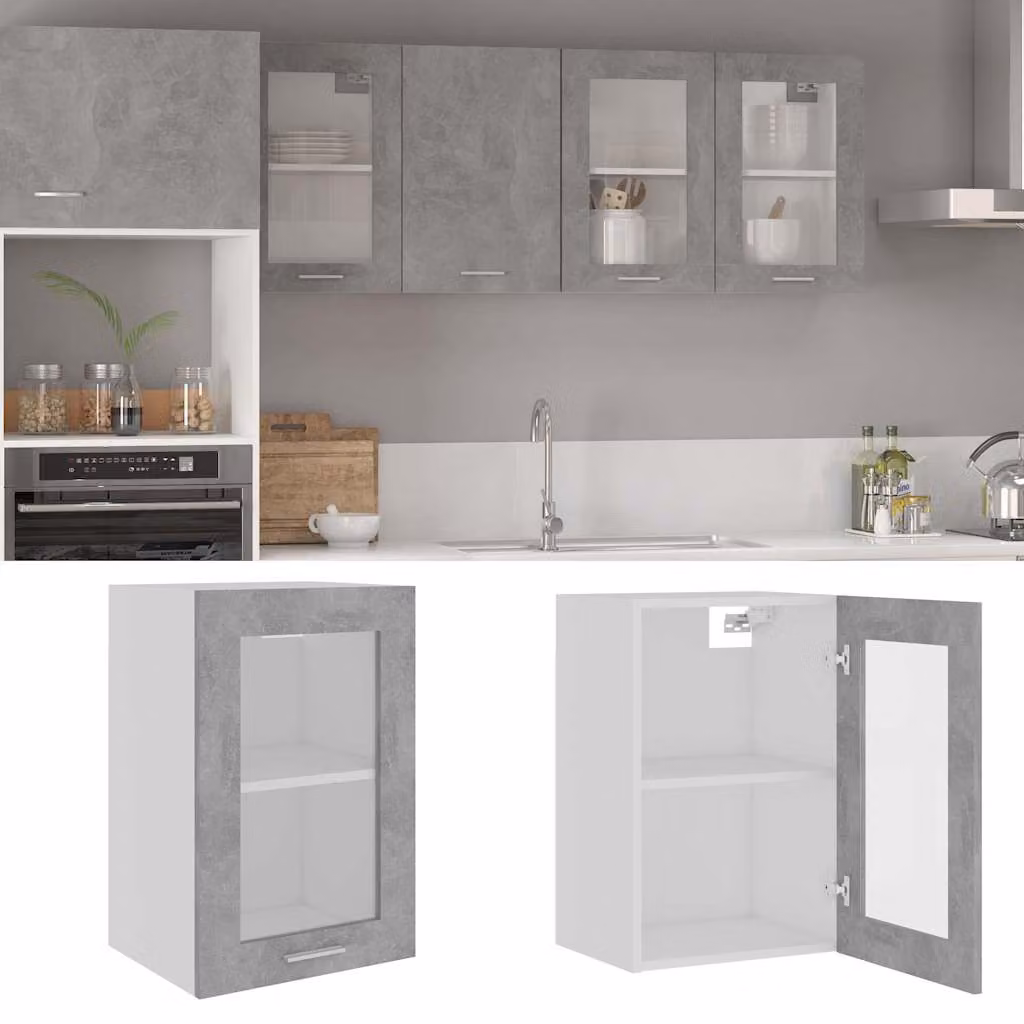 Pensile da cucina moderno vidaXL Lyon con ante in vetro, Grigio Cemento, L 40 cm x P 31 cm x H 60 cm