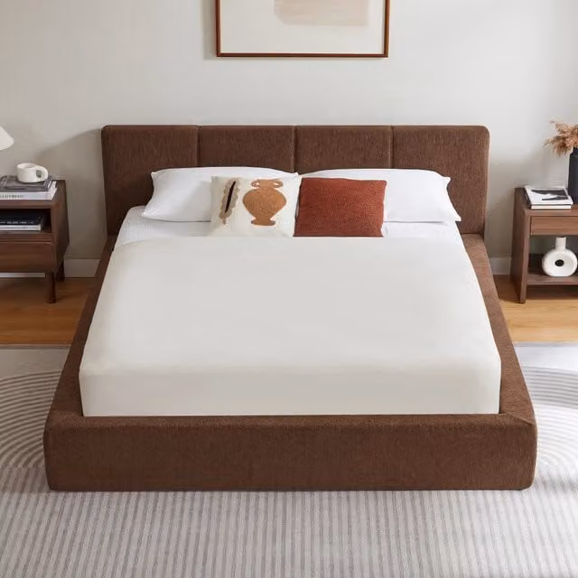 Letto matrimoniale con testiera imbottita e telaio in acciaio rinforzato, senza rete, marrone, 160x200 cm