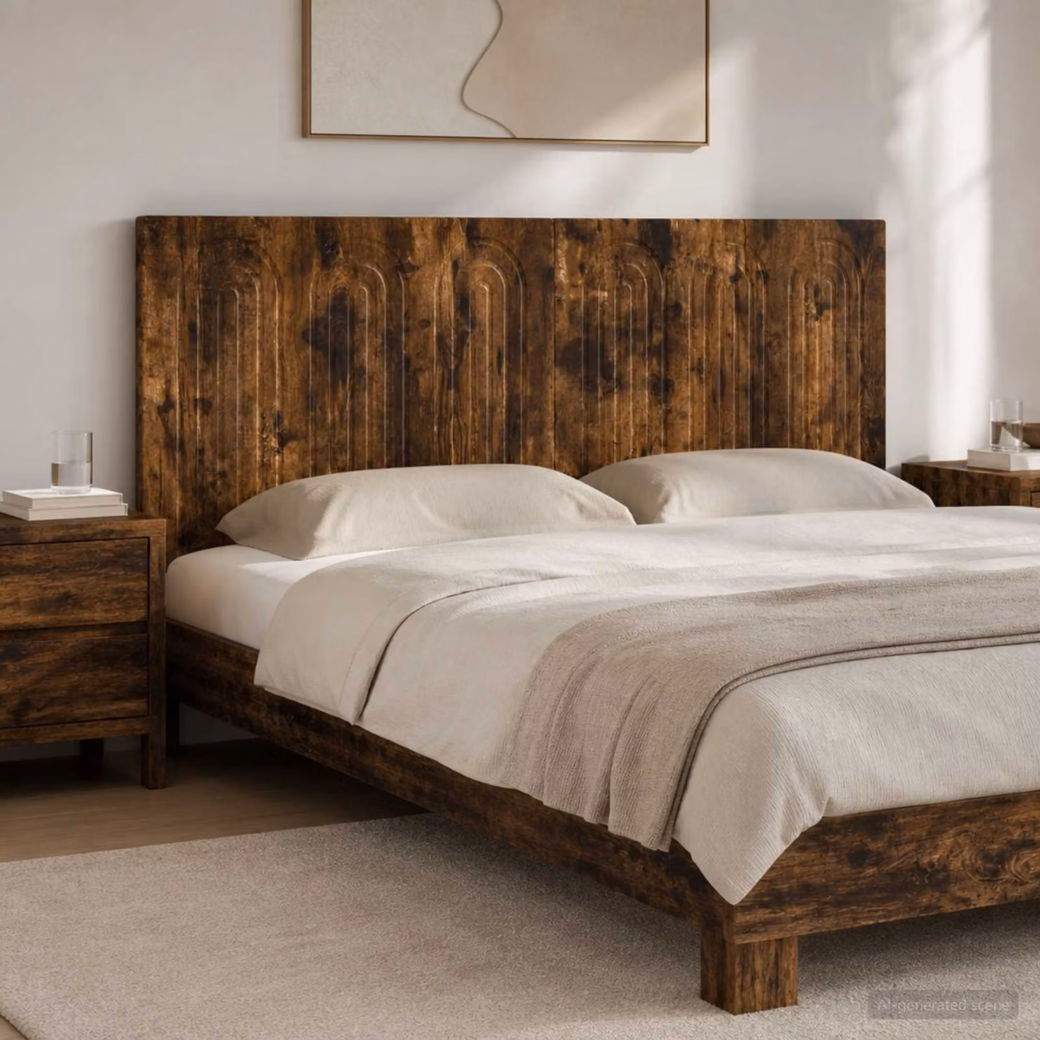 Testiera da muro moderna vidaXL ALKMAAR in legno ingegnerizzato, colore Rovere Fumo, L: 142 cm, H: 50 cm, P: 3 cm