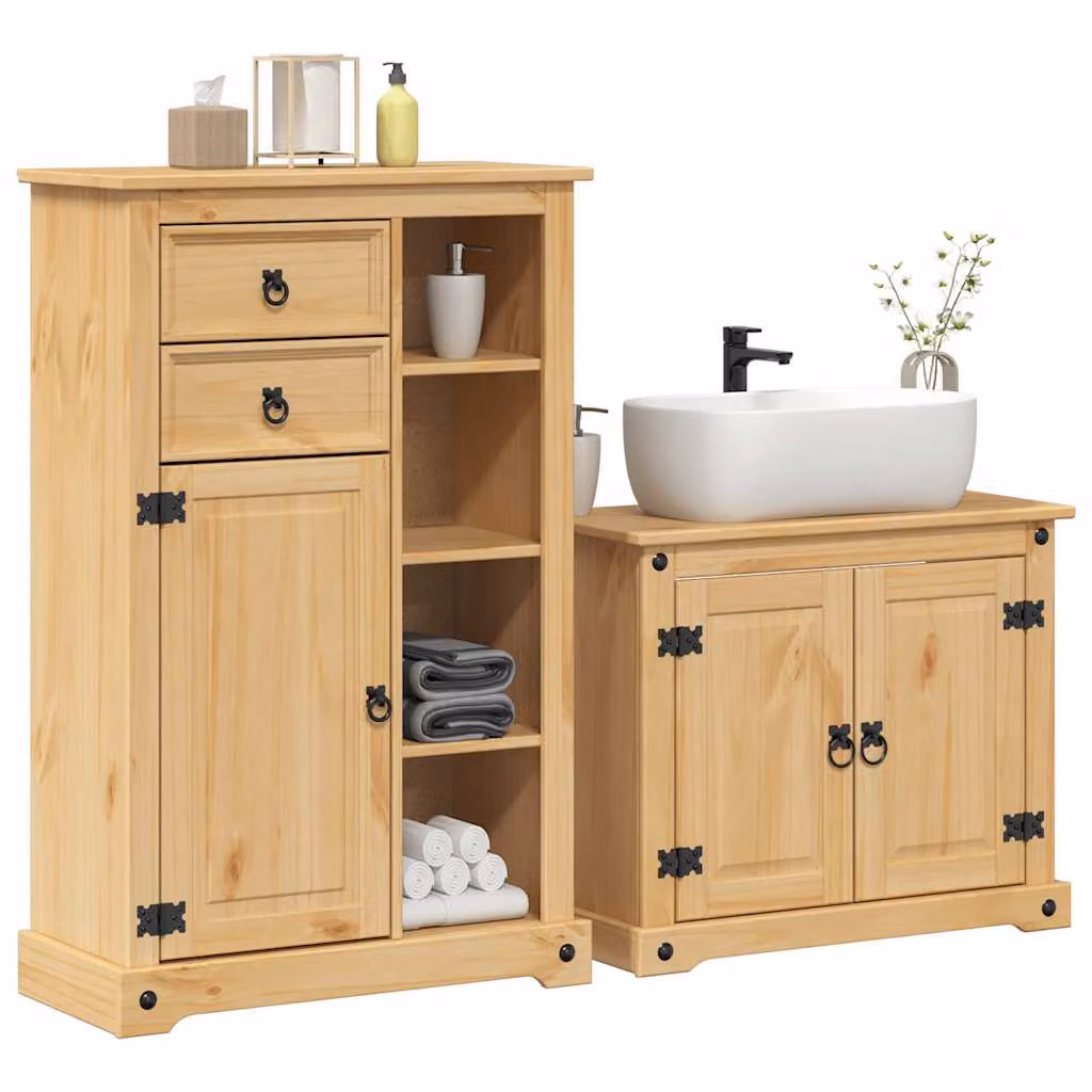 Set Mobili da Bagno vidaXL Corona 2 Pezzi in Legno di Pino Massello Marrone con Mobile Lavabo e Pensile a Parete in Stile Rustico Cerato