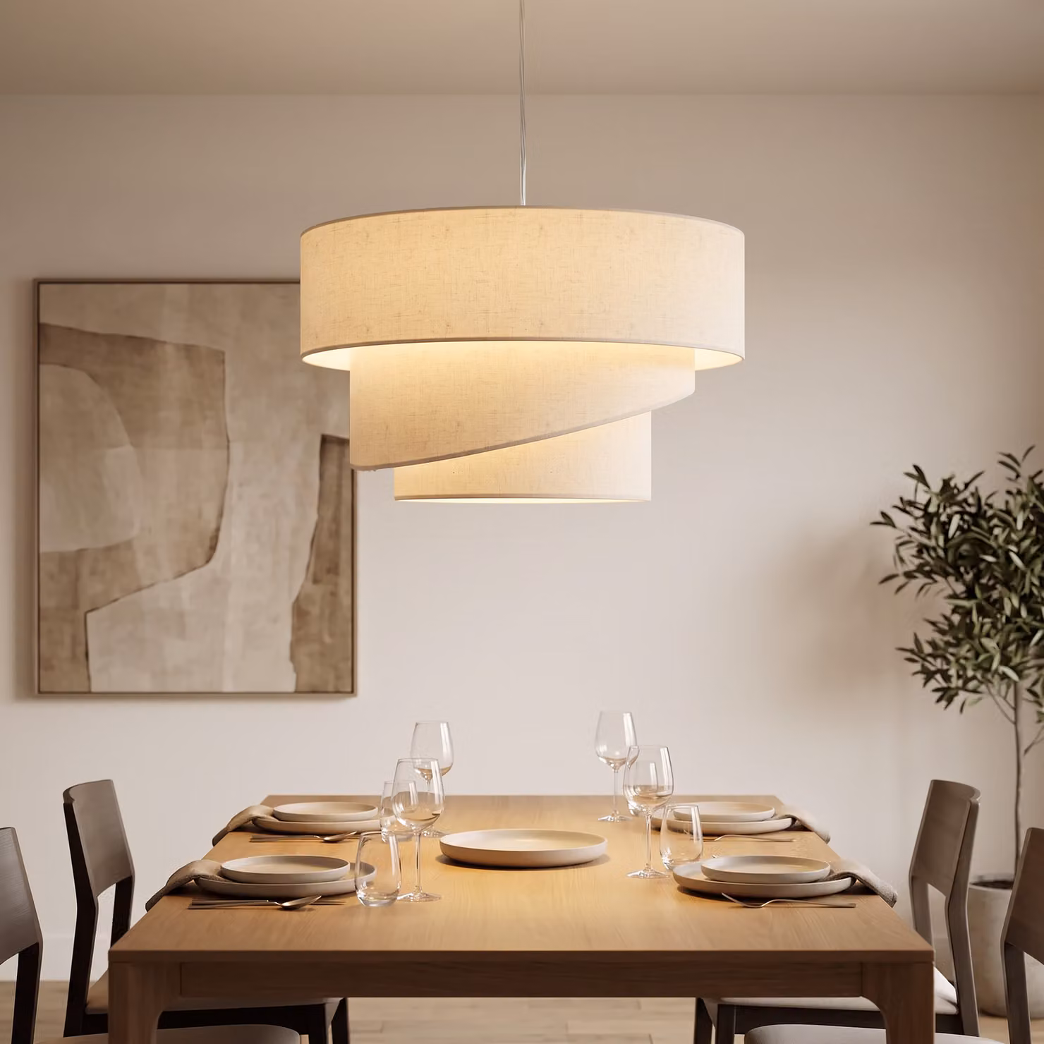 Lampada a sospensione HOMCOM con 3 paralumi in tessuto beige e dettagli oro, cavo regolabile fino a 120 cm – 2