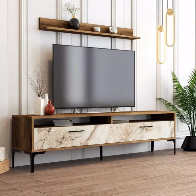 Parete attrezzata Oho DMORA per soggiorno, mobile salotto multiuso con armadio porta TV, L: 180 cm, P: 35 cm, H: 47 cm, Noce e Bianco Marmo – 1