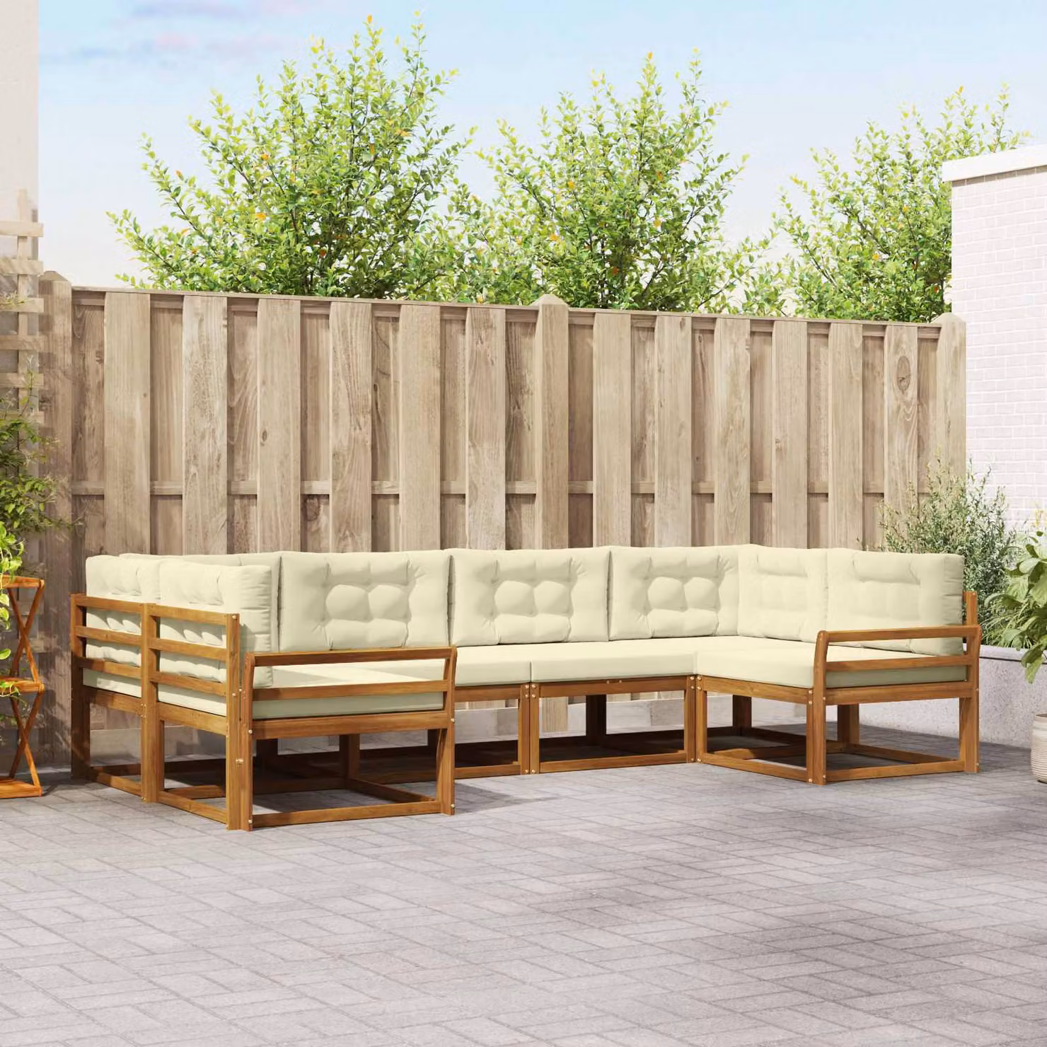 Set di divani da esterno vidaXL 6 pz in legno di acacia con cuscini, forma a L, beige e marrone