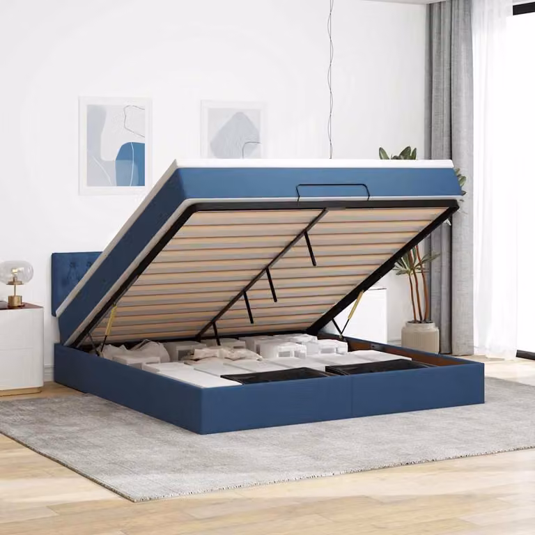 vidaXL Struttura Letto con Materasso e Contenitore a Sollevamento, Tessuto Blu e Bianco, L: 160 cm, P: 200 cm, H: 88 cm